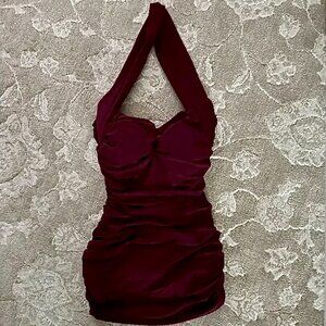 💋Luxurious Norma Kamali One-Piece Halter Ruched Wine-Colored Swimsuit, Small***